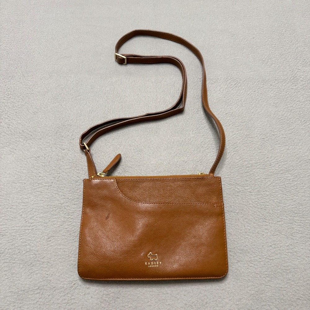 Radley London Crossbody Bag Womens Small Tan Leather Double Zip Messenger Purse